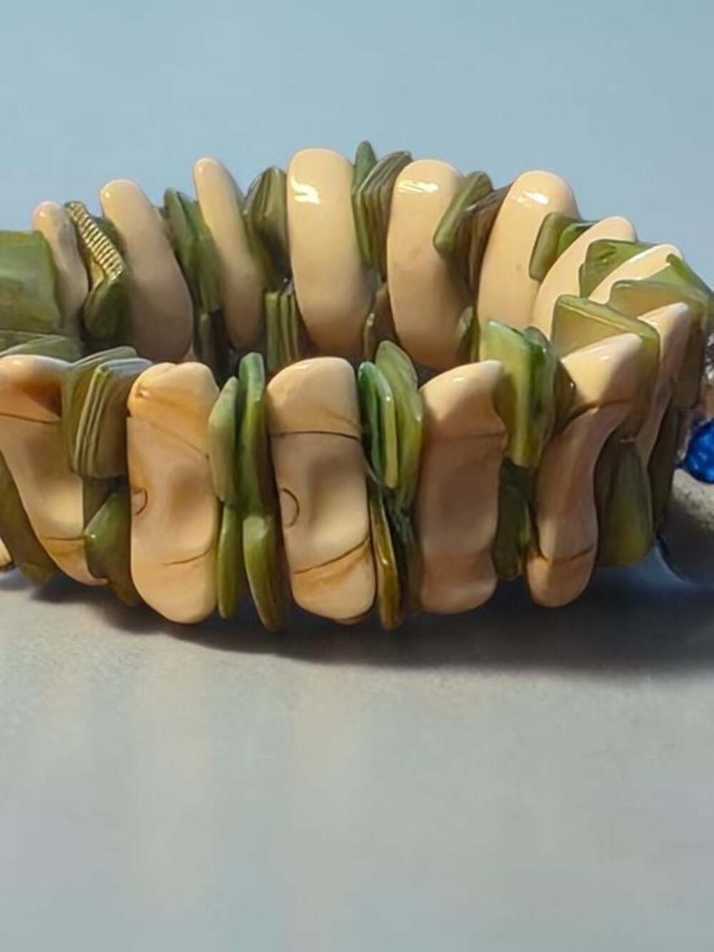 Cream & Green Natural Shell Tile Stretch Bracelet